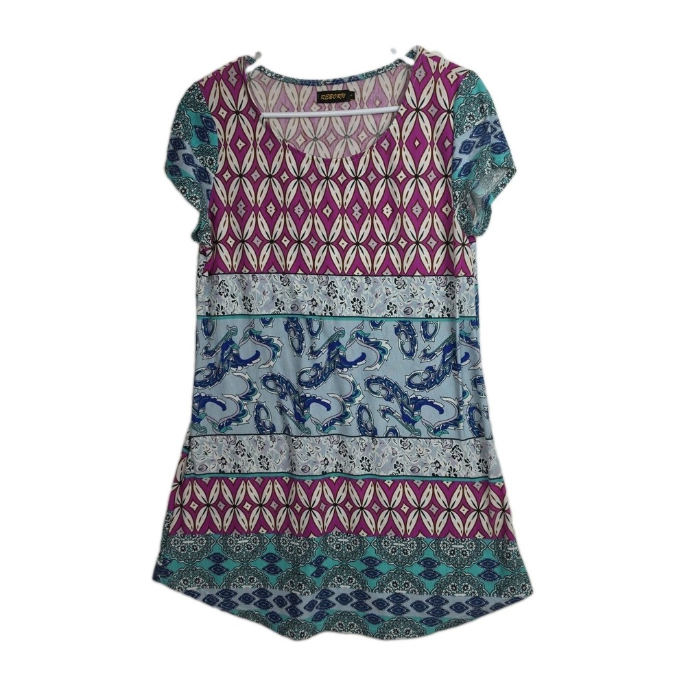 Reborn Womens Large Boho Dress Multicolor Paisley Geometric Short Sleeve